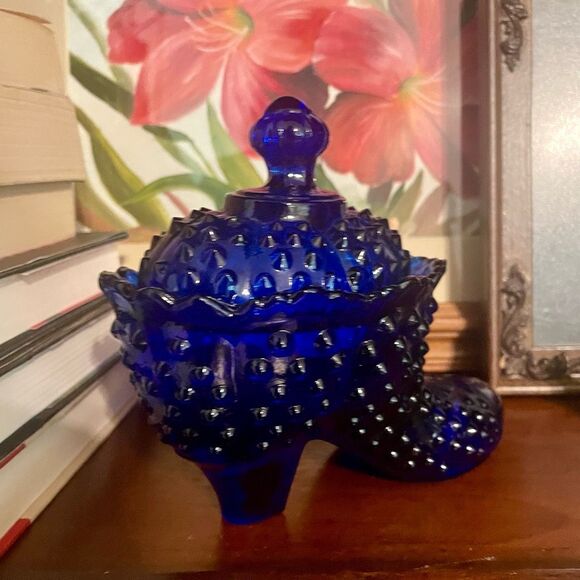Vintage Fenton Cobalt Blue Victorian Style Glass Hobnail Boot Shoe Covered Candy - Picture 3 of 7